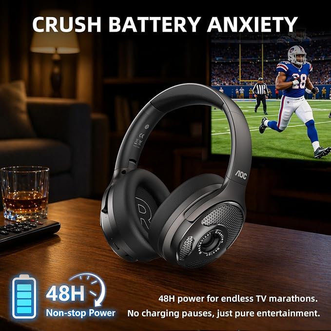 AOC Wireless Headphones for TV, TV Headphones Wireless for Seniors, 2.4GHz Plug and Play Transmitter for No Audio Delay, 48H Battery Over Ear Headset with Bluetooth 5.4