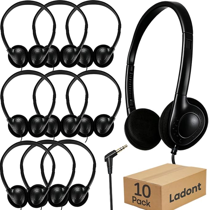 Kids Headphones Bulk for School Classroom 10 Pack, Wired On-Ear Classroom Headphones for Students Children Toddler Boys Girls Teen(Black)