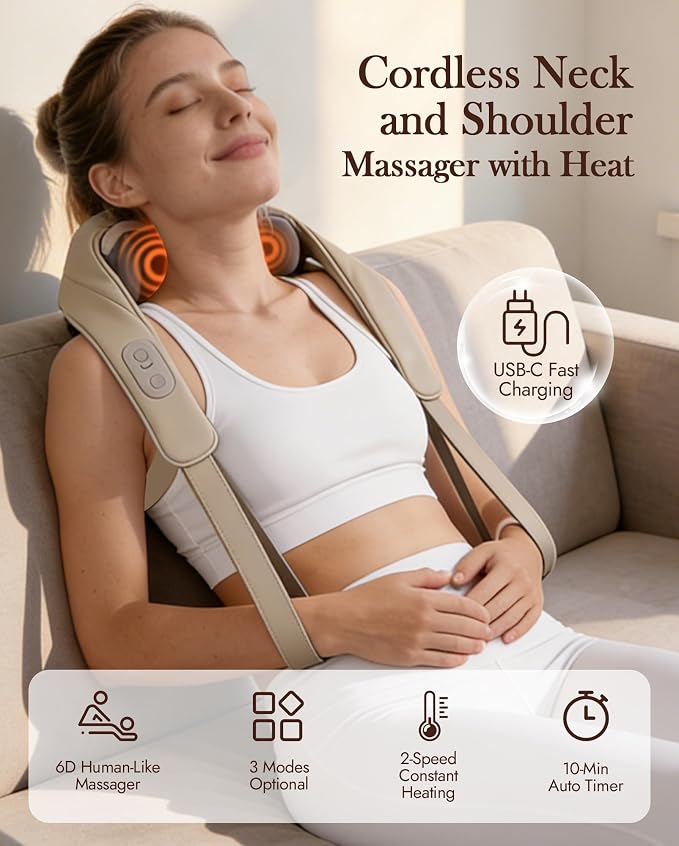 Neck Massager with Heat Cordless: Shiatsu Back Shoulder Massage Tools for Pain Relief Deep Tissue Electric 4D Kneading for Muscle Remedy Lymphatic Drainage Gifts for Men Women Mom Dad (Brown)