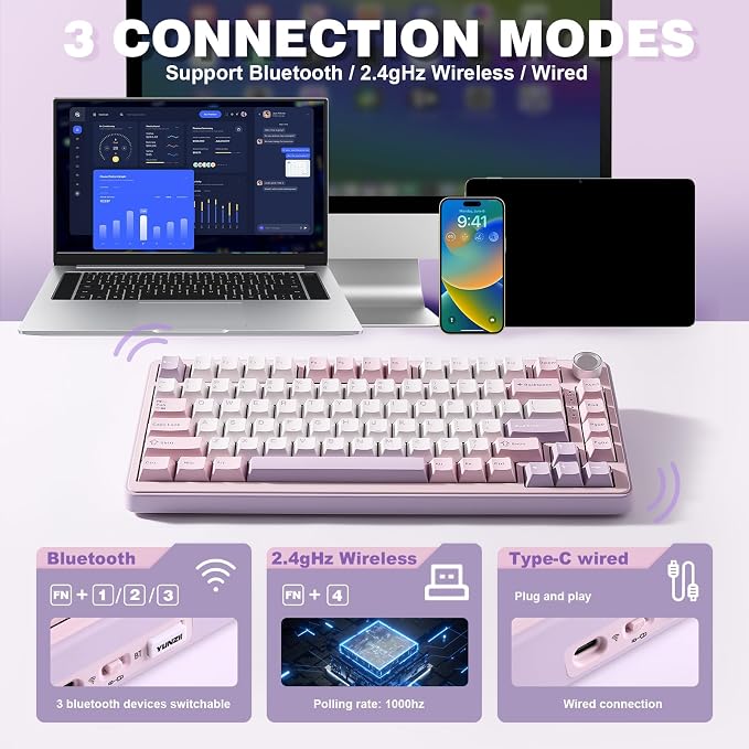 YUNZII B75 PRO Wireless Mechanical Keyboard,75% Layout with Knob,Hot Swap Gasket Custom Structure,Creamy Pre-lubed Switches,RGB Backlit,Bluetooth/Type-C/2.4G for Win/Mac(Cocoa Cream V2 Switch,Purple)