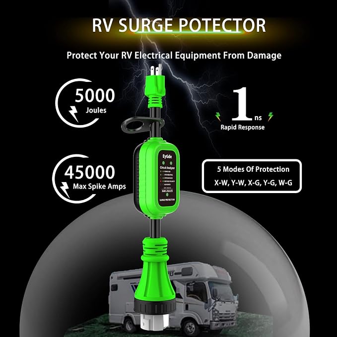 EyGde 50 Amp to 15 Amp 110 RV Adapter with Surge Protector, Patented 5000J 15 Amp Male to 50 Amp Adapter with Twist Locking Connector, Circuit Analyzer Voltage Protector for Camper Trailer, Green