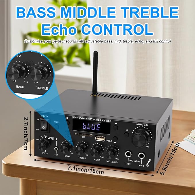Romicta Stereo Audio Amplifier, 2 Channel 500W Bluetooth 5.0 Home Audio Stereo Receiver with FM, Echo, AUX, USB, SD, MIC Inputs, Power Amplifier for Passive Speakers and Active subwoofer