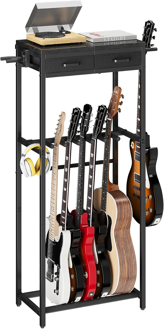ELYKEN Guitar Stand, Guitar Rack with 2 Hangers and Storage Drawers for Guitar Accessories, Multiple Guitar Holder for Acoustic Electric Guitar, Bass, Ukulele, Instrument, Music Studio, Black