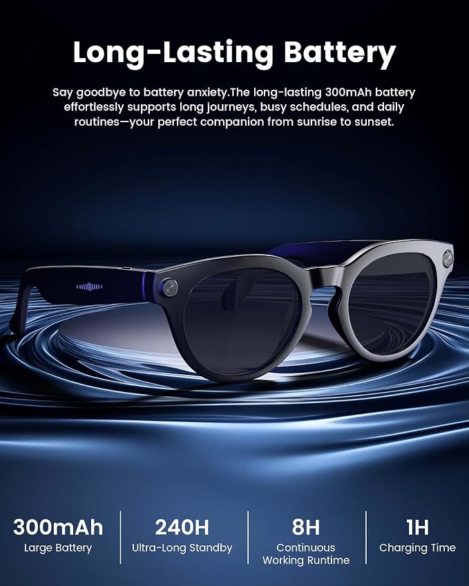 AI Smart Glasses with 8MP Camera, Continuous 12-Min 1200P Video Recording, Real-Time Translation & Voice Assistant, Open-Ear Bluetooth Audio for Vlogging, Travel & Meetings