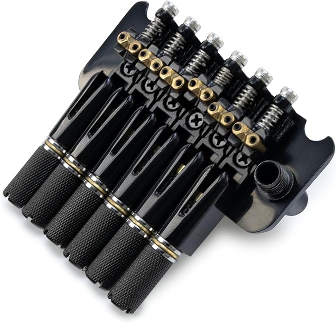 10.5mm Headless Electric Guitar Bridge Brass Block Saddle Hardened Steel Plate 2 point tremolo bridge for 6 String Headless Electric Guitar Replacement parts（Black Tailpiece Nut）