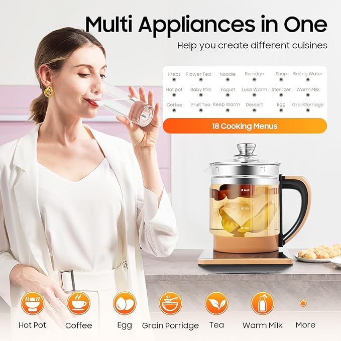 1.8L Electric Glass Kettle, 800W Health Pot with Temperature Control, 12 Independent Warming Stages, 18 Menus, Tea Infuser, Egg Steamer, Portable Kettle for Fragrant Tea, Coffee