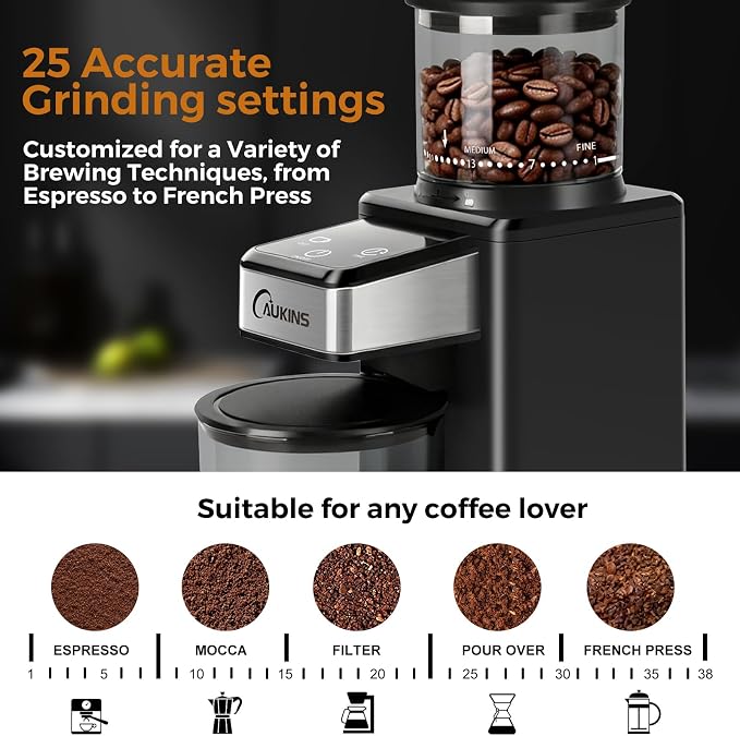 Electric Coffee Grinder for Home & Office: Automatic Conical Burr Coffee Grinder wtih 25 Precision Grind Settings - 120g Expandable Hopper & Low Noise&Durable Design Perfect for Multi-Cup Brewing