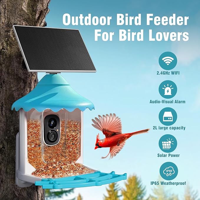 No-Monthly-Fees Solar Bird Feeder w/ 4MP Camera, Free AI Birds Species Identification, 2.5K Smart Bird House with Cam, Instant Arrival Alerts, Squirrel-Proof, Ideal