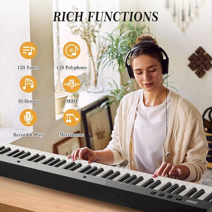 GarveeLife 88 Key Keyboard Piano, Full-Size Electric Keyboard Piano for Beginners, Portable Electric Piano with Sustain Pedal, Headphones, Handbag, Bluetooth, USB MIDI