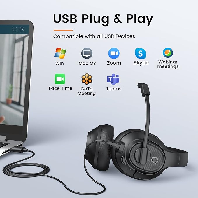 EKSA Headset with Microphone for Laptop, Wired Computer Headset with Volume & Mic Mute Controls, Lightweight PC Headphones for Office Call Center Skype (Over Ear USB Headset with AI ENC)