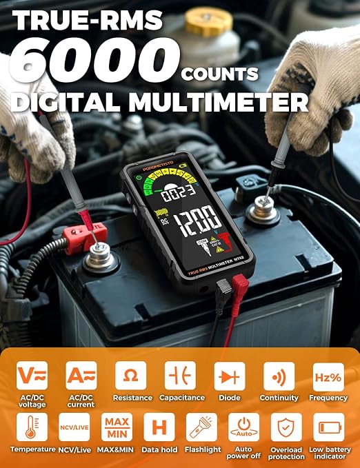 Digital Multimeter Tester 6000 Counts, Smart Multimeter Rechargeable, Auto-Ranging Voltmeter for Measuring Voltage and so on, Dual Fuse Overload Protection, Foldable Stand, Smart Input Jack Warning