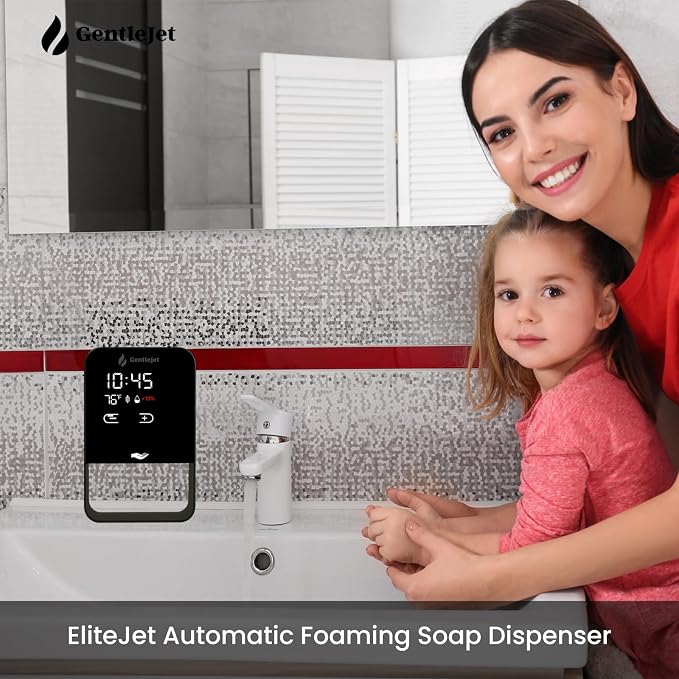 GentleJet EliteJet Automatic Foaming Soap Dispenser Touchless Sensor, LED Display, 5 Foam Levels, Wall Mount or Countertop, Rechargable USB-C or Battery Powered, Aluminum Alloy, 480 ml Refillable