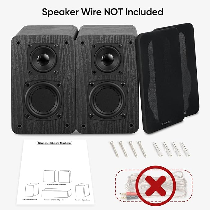 RIOWOIS Passive Bookshelf Speakers for Home Theater Surround Sound, Satellite Stereo Speakers with Crisper Sound and Classic Wood Grain for Record Player/Computer/TV, Wall Mountable, One Pair.