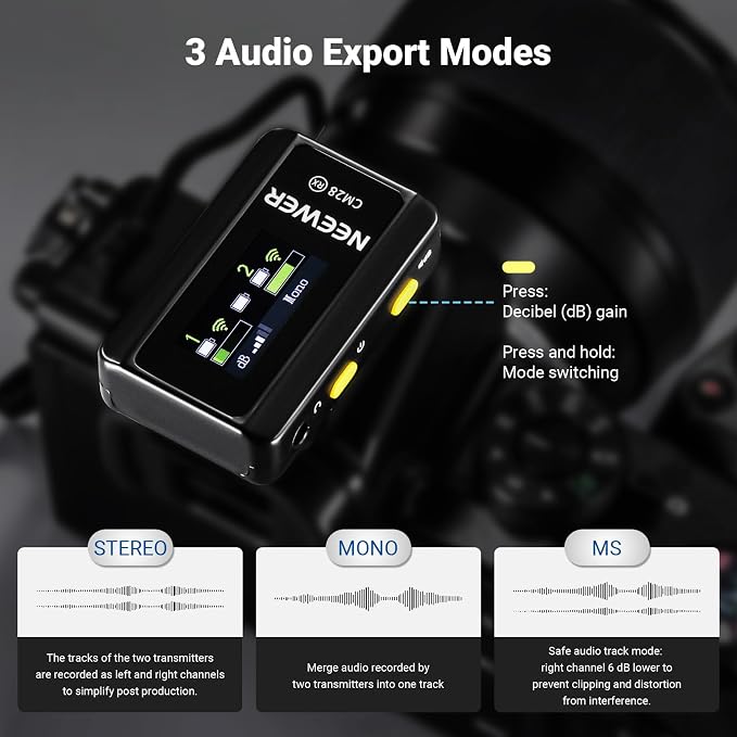 NEEWER CM28 Wireless Lavalier Microphone, Smart Noise Cancelling Lav Mic, 48KHz/16Bit 9hrs Uncompressed Recording, 200m Range, 4GB Storage for iPhone, Android, Camera, 1 RX + 2 TX + Charging Case