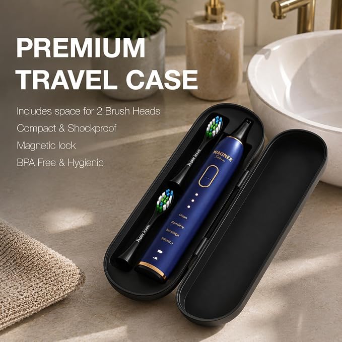 Wagner Stern IntelliBrush Series Whitening Electric Toothbrush with Pressure Sensor. Offers 4 Brushing Modes, 3 intensities, 8 Soft Brush Heads, and a Luxury Travel case.
