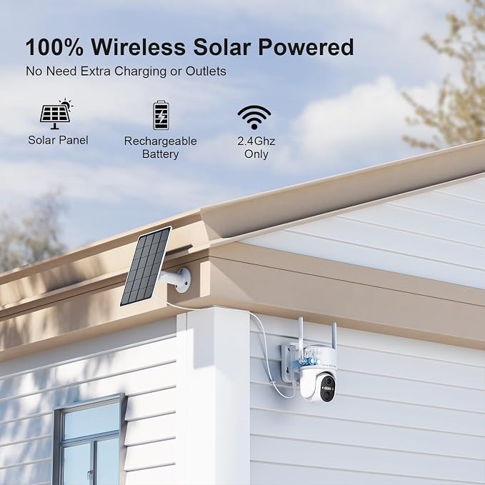 Security Cameras Wireless Outdoor, Free Cloud Storage, WIFI Cameras for Home Security, Wireless Outdoor Security Camera Solar Powered, 360 Camera with PTZ, PIR Sensor, 2K HD Color Night Vision