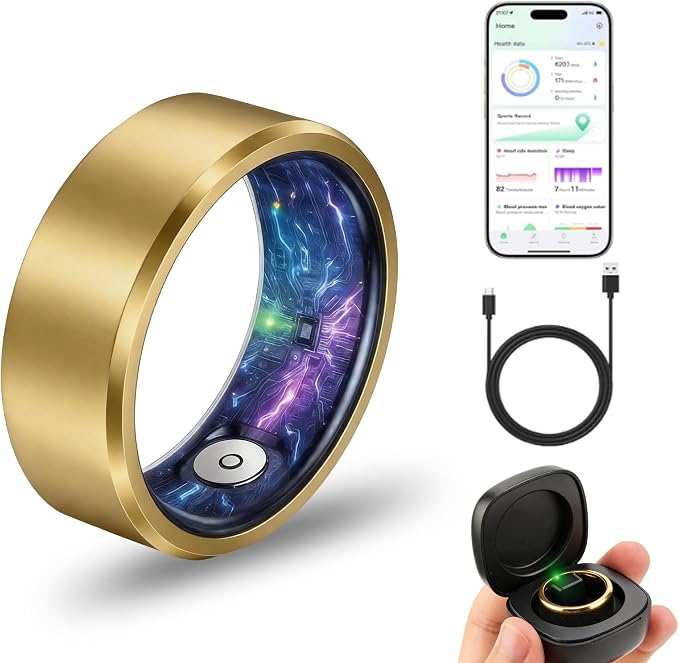 Smart Ring for Women & Men, Health & Fitness Tracker with Heart Rate/Sleep Monitoring/Blood Pressure, 5ATM Waterproof,Activity Trackers with Free App,Stylish Fitness Ring Birthday Gift(Size 12, Gold)