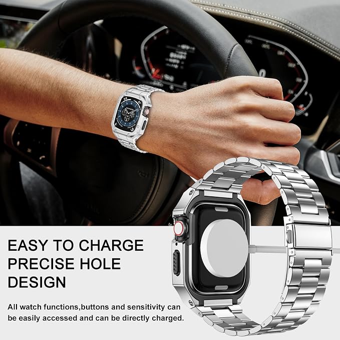 BAITEYOU Stainless Steel Watch Band with Case Compatible with Apple Watch Series 9 8 7 (45mm), Rugged Strap with Metal Protective Bumper Cover for iWatch Bands Men (Silver)
