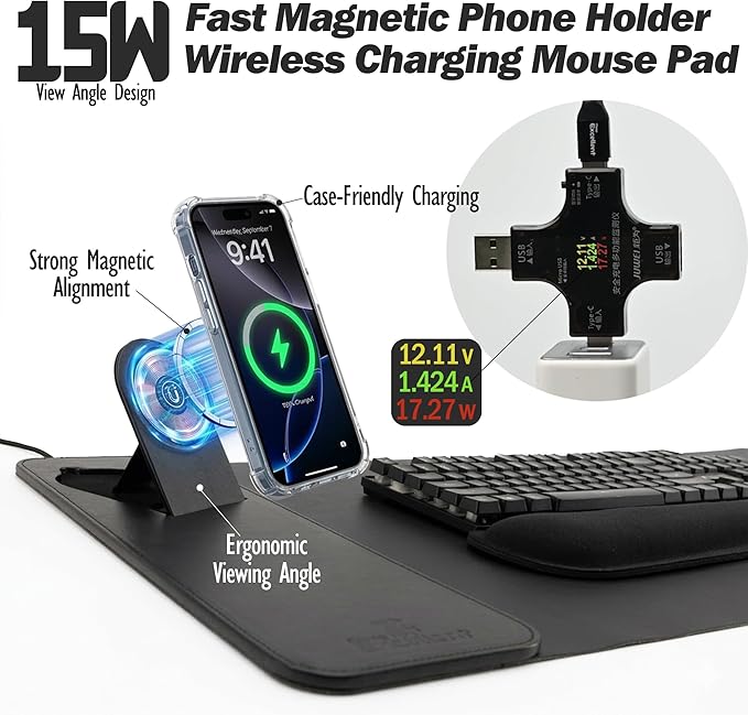 15W Fast Charging Desk Mouse Pad,View Angle Ergonomic Foldable Magnetic Phone Charger,35.4x15.7in PU Leather Large Wireless Charging Desk Mat with Keyboard & Mouse Wrist Rest for Gaming,Office,Mac