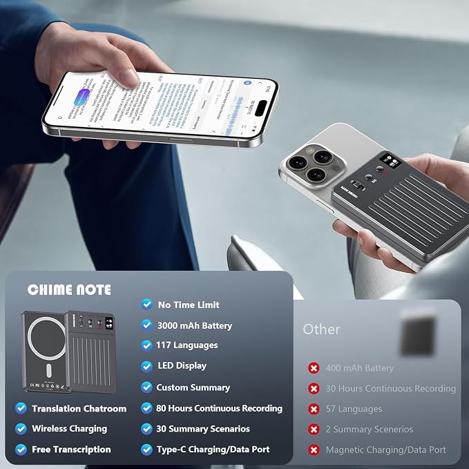 AI Voice Recorder: 64GB with Free Transcription & AI Summary, APP & Web Control, 121 Languages, Wireless Charging for Meetings