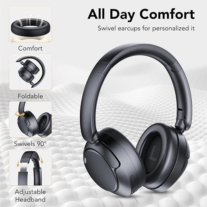Hybrid Active Noise Cancelling Bluetooth Headphones, Wireless Over Ear Headphones with Bluetooth 5.4, 80H Playtime, Stereo Sound, 6 ENC Clear Call Mic, Low Latency for Travel Office Workout
