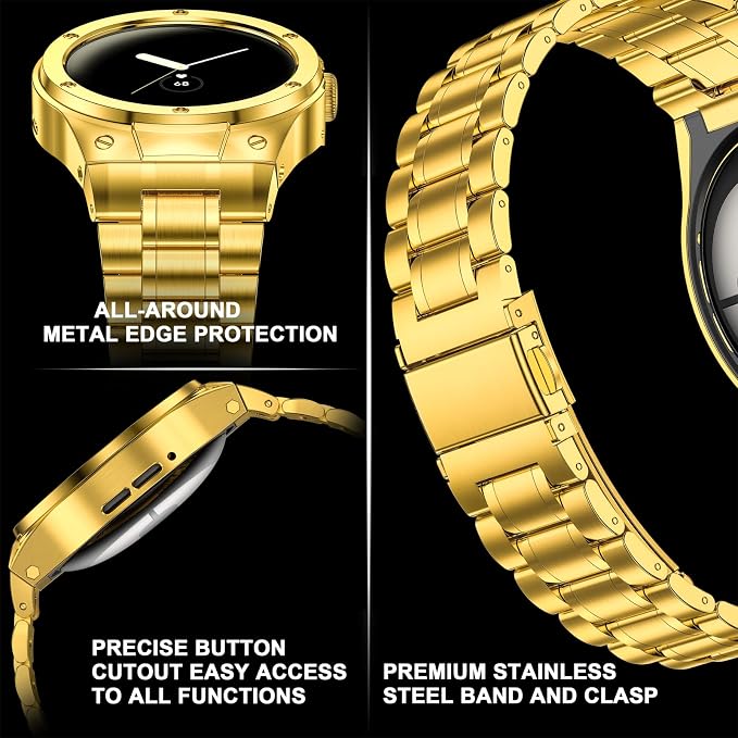 SUPLINK Stainless Steel Case & Band Compatible with Google Pixel 2 Watch Band, Metal Strap with Pixel 2 Watch Case Men Woman, Gold