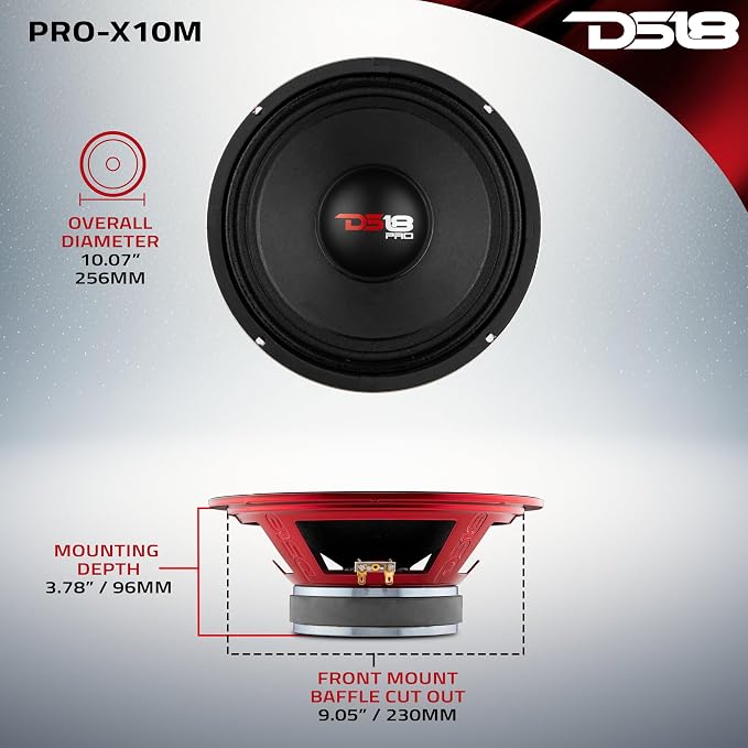 DS18 PRO-X10M Loudspeaker - 10", Midrange, Red Steel Basket, 600W Max, 300W RMS, 8 Ohms - Premium Quality Audio Door Speakers for Car or Truck Stereo Sound System (1 Speaker), Classic