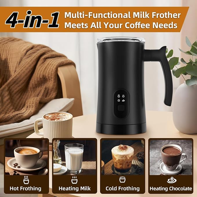 Milk Frother, 4-in-1 Electric Milk Steamer, 350ml/11.8oz Automatic Frother for Coffee, Warm and Cold Foam Maker for Latte, Cappuccino and Hot Chocolate (Black)