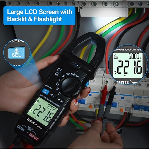 Digital Clamp Meter Multimeter TRMS 6000 Counts 600A Auto-ranging Amp Meter with Flashlight Backlight, Measures NCV, AC/DC Voltage Current, Continuity Capacitance Diode Resistance, Temperature
