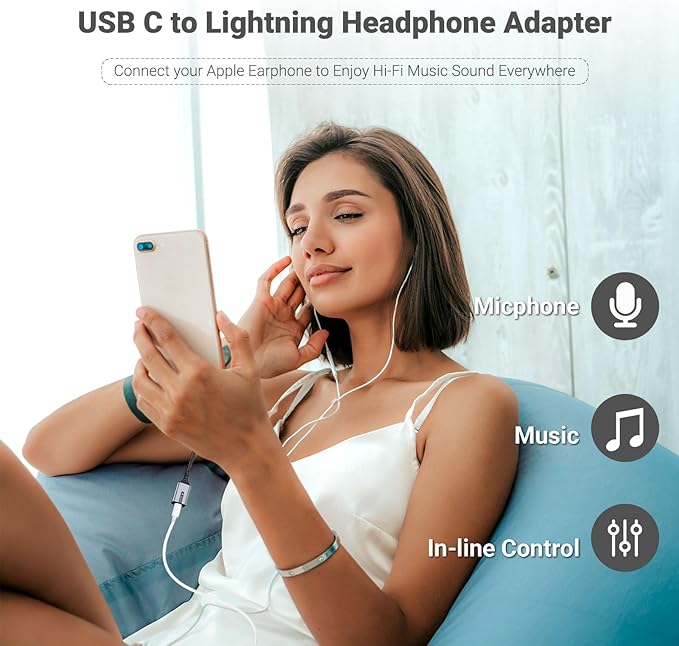 NICE BUDDY USB C to Lightning Adapter, 3-in-1 Type C to Female Lightning Converter OTG Cable for iPhone 15/14/13, iPad Pro/Air/Mini, MacBook, for Charging, Data Transfer, Music Audio with EarPods