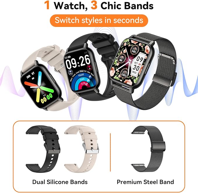 Smart Watch for Women (3 Bands), 1.85'' HD Fitness Tracker with Bluetooth Calls, IPX8 Waterproof Smartwatch for Android iPhone, 112+ Sport Modes, Heart Rate & Breathing Rate Sleep Monitor, Black