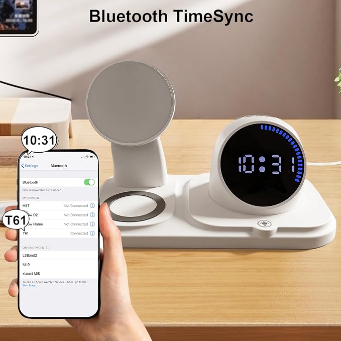 6 in 1 Wireless Charging Station with Bluetooth Speaker Fuction, Charging Stand for Multiple Devices for Apple iPhone 17 16 15 14 13 12 Pro Max Apple Watch Airpods, Digital Clock and Ambient Lights