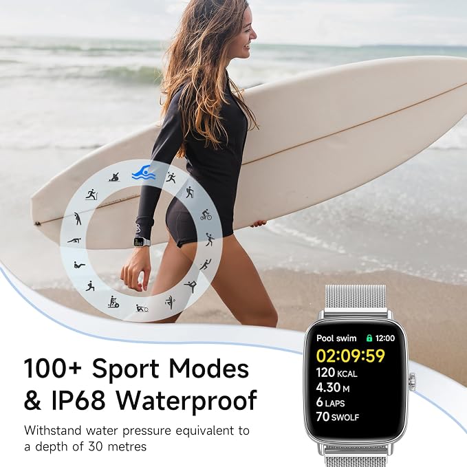 Smart Watch for Men Women, 1.85" HD Smartwatch Compatible iPhone/Samsung/Android (Answer/Make Calls), 100+ Sport Modes Fitness Tracker with Heart Rate/Sleep/SpO2 Monitor, IP68 Waterproof, Metal Band