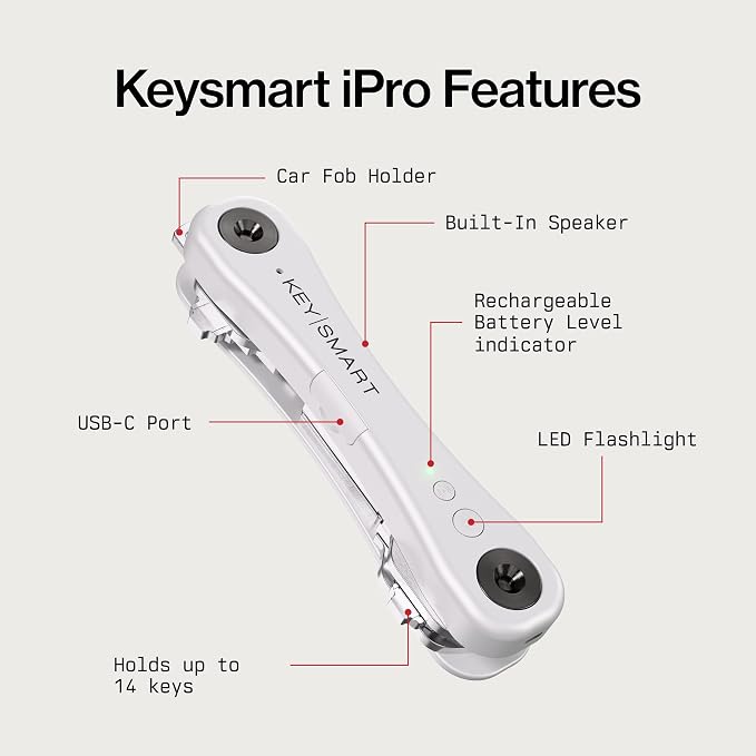 KeySmart iPro - Key Finder Locator with Sound, Keychain Key Holder, Apple Find My App Compatible, Key Organizer, Compact Clutter-Free Key Chain Tracker, Rechargeable Battery (Up to 14 Keys, White)