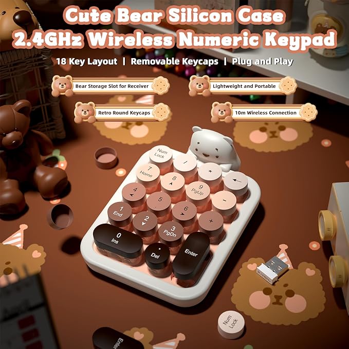 FELICON Cute Wireless Numeric Keypad with Silicon Bear,18-Key Colorful Round Keycaps,Ergonomic,2.4GHz Wireless Connection,Portable Financial Accounting Numpad Membrane Keyboard for PC,Laptop(Milk Tea)