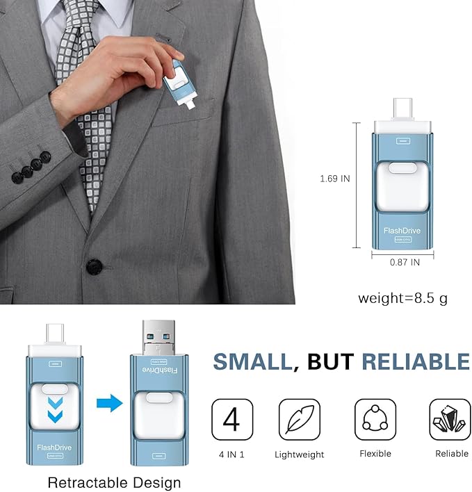 Thumb Drive for iPhone 512GB, 4 in 1 USB Type C Memory Stick, Photo Stick External Storage Flash Drive for iPhone iPad Android Computer, Sky Blue