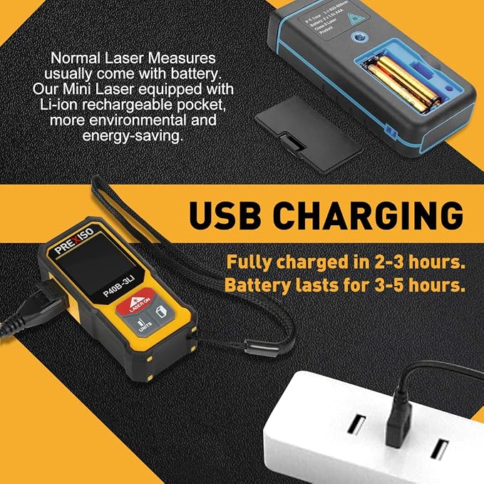 PREXISO Mini Laser Measurement Tool, 135Ft Rechargeable Laser Distance Meter Ft/Ft+in/in/M Unit, Laser Measure with High Accuracy, Pythagorean, Distance, Area, Volume Modes