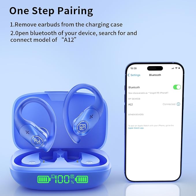 Wireless Earbuds Bluetooth Headphones 96H Playtime LED Display Waterproof Built in Mic Deep Bass Sound Secure Over Ear buds Earhooks for iPhone Android Samsung Cell Phones Sport Workout Gaming Running