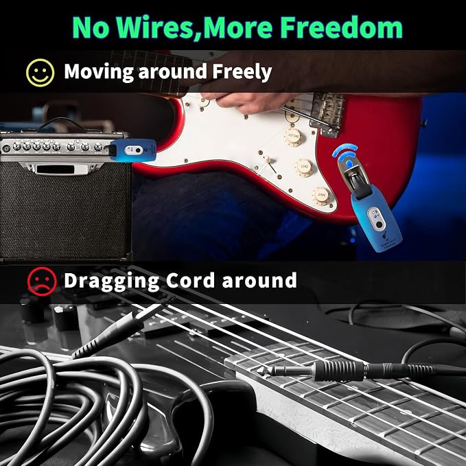 A9 Wireless Guitar System 2.4GHz Wireless Guitar Transmitter and Receiver, Rechargeable,4 Channels, 100FT/30m Range,270° Rotatable Plug,for Electric Guitar Bass (Blue(2TX+1RX))