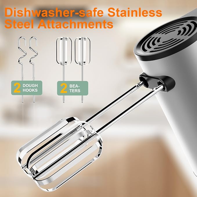 Electric Hand Mixer, Kitchen Handheld Mixer, Turbo Boost/Self-Control Speed + 5 Speed + Eject Button + Stainless Steel Hand Beaters*2 & Dough Hooks*2, Kitchen Mixer for Cream/Cookies/Dough