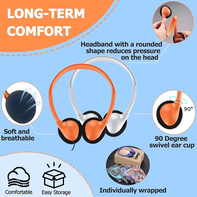 100 Pack Classroom Headphones Bulk for Students Kids Boys Girls Teens, Wholesale Wired Multi Color 3.5mm On Ear Headphones for Chromebook Laptop PC Computer
