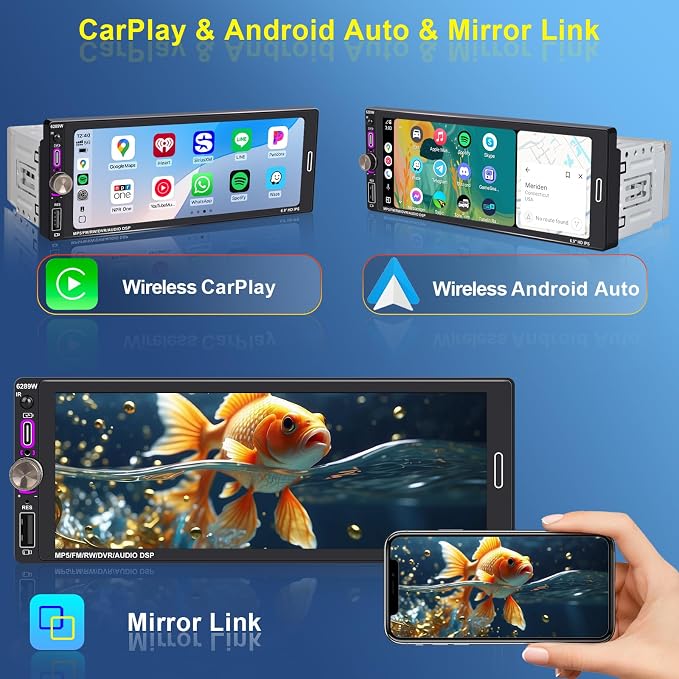 6.9" Single DIN Car Radio with Wireless Apple CarPlay, Car Bluetooth 5.2, AM FM Radio, IPS Touchscreen 1280x480, Backup Camera, Type-C Fast Charging, USB, 180W Subwoofer, Android Auto, GPS Navigation