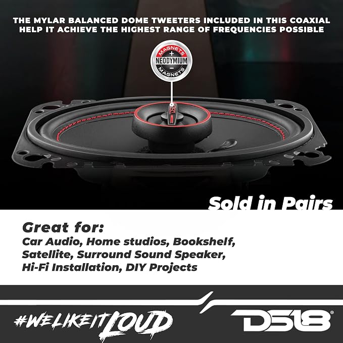 DS18 GEN-X4.6 Coaxial Speaker - 4x6, 2-Way, 135W Max, 45W RMS, Black Paper Cone, Mylar Dome Tweeter, 4 Ohms - Clarity Unparalled by Other Speakers in Their Class (2 Speakers)