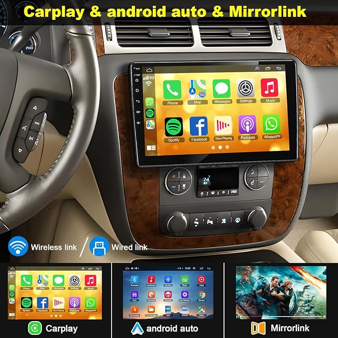 (8-core+64G) Android 15 Car Radio for Chevrolet Chevy Silverado GMC Sierra Yukon, 10" QLED Touch Screen Car Stereo Build-in GPS Wireless CarPlay Android Auto, Backup Camera/DSP/SWC