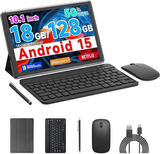 COOPERS Tablet Android 15, 10 inch Tablet 18GB RAM+128GB ROM 2TB Expandable, 2.0Ghz Quad-core Processor, 5G WiFi6 BT5.0, Dual Cameras, 2 in 1 Tablets with Keyboard Case Mouse Stylus, Widevine L1 Black