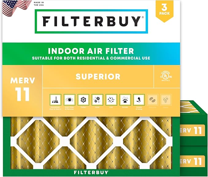 Filterbuy 25x25x4 Air Filter MERV 11 Superior Pet & Allergy Defense (3-Pack), Electrostatic Pleated HVAC AC Furnace Filters Replacement, Made in USA (Actual Size: 24.50 x 24.50 x 3.63)