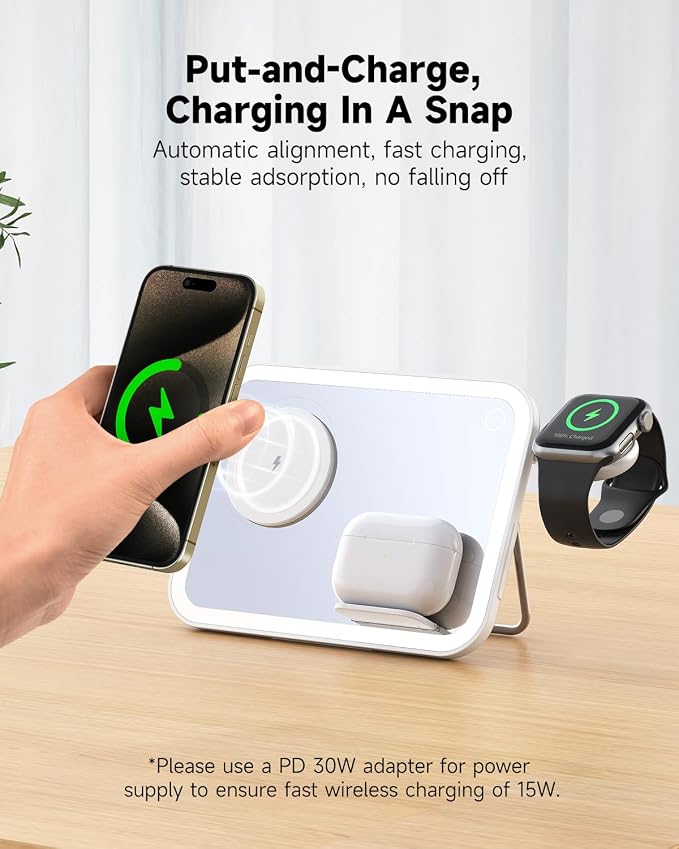 3 in 1 Wireless Charging Station for Apple Magnetic Charger Station for iPhone 16/15/14/13/12 & Apple Watch& Airpods (White)