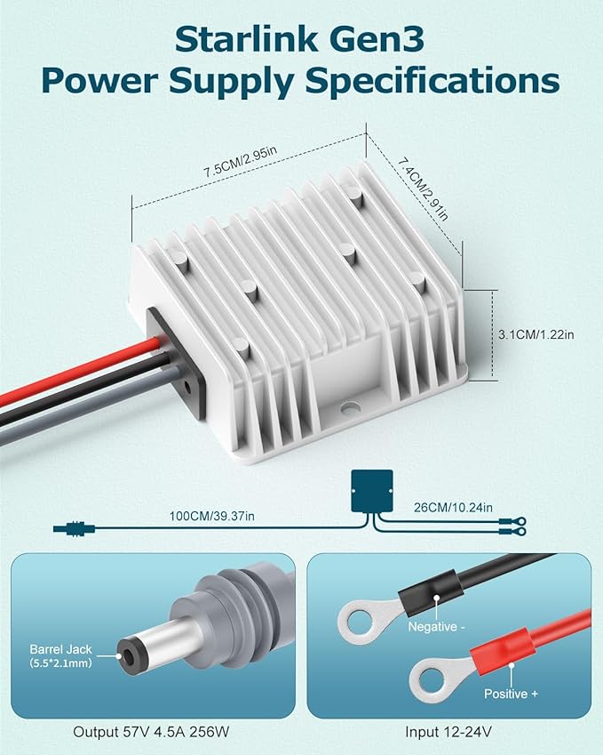 Starlink Gen 3 Power Cord 12V to 57V 4.5A Conversion Kit for Starlink Gen 3 Power Supply 12V Step Up Adapter with Waterproof DC Plug Zero Voltage Drop Router Boost Converter for RV Car Off-Grid Marine