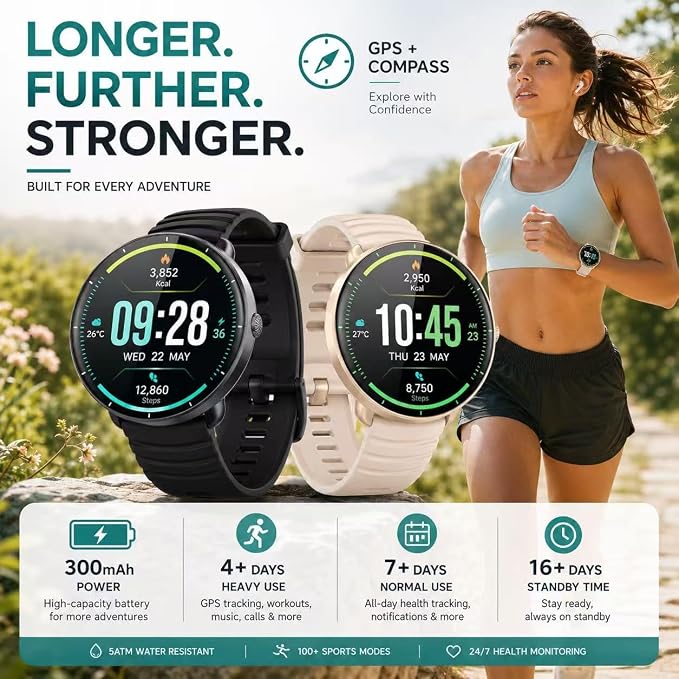 Smartwatch for Swimming 5ATM with GPS, Compass, AI Swim Analysis, Heart & Sleep Tracking, 100+ Sports Modes, HD Display, Long Battery Life, Fitness & Outdoor Training Watch - Men & Women (BLACK)