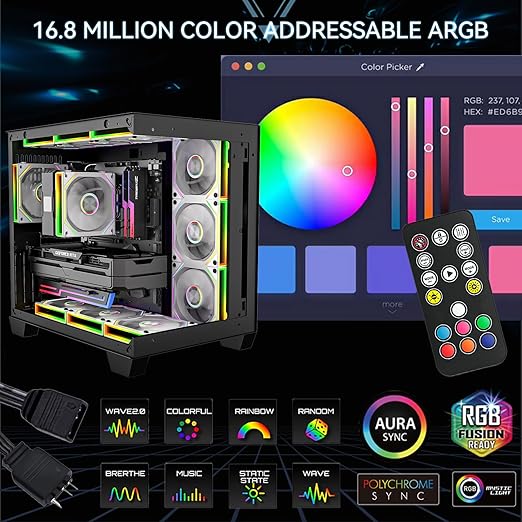 FB120 3 Pack 120mm ARGB PC Cooling Fans - Infinite Mirror Design, 16.8M Colors & Remote, PWM Speed Control, High Airflow, Wireless Splicing/Daisy-Chain, Quiet Case Fans for Gaming PC Build